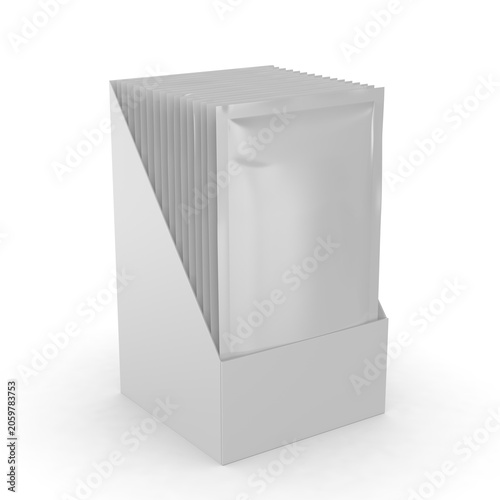 Blank Sachet Packet Display Box Mockup with Multiple Pouches, 3D Render Illustration. White retail countertop display carton holding a series of stand-up sachet packets. 