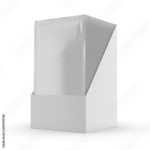 Blank Sachet Packet Display Box Mockup with Multiple Pouches, 3D Render Illustration. White retail countertop display carton holding a series of stand-up sachet packets. 