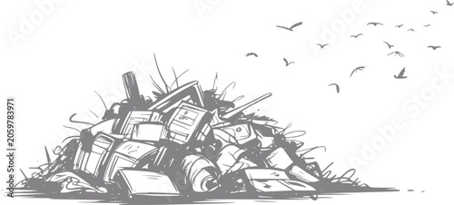 Foto Pile of discarded electronics and debris with birds flying overhead