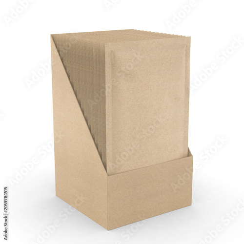 Blank Sachet Packet Display Box Mockup with Multiple Pouches, 3D Render Illustration. White retail countertop display carton holding a series of stand-up sachet packets. 