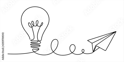 Light bulb connected to paper airplane by single line