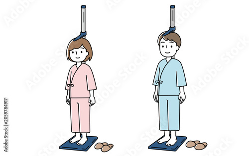 検査着を着て身長計に乗る男女のイラスト