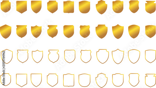 Golden heraldic shield icon mega set with solid shiny gradient and linear outline templates
