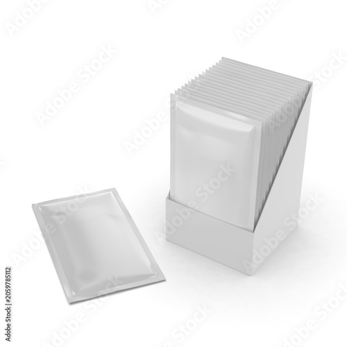 Blank Sachet Packet Display Box Mockup with Multiple Pouches, 3D Render Illustration. White retail countertop display carton holding a series of stand-up sachet packets. 