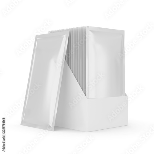 Blank Sachet Packet Display Box Mockup with Multiple Pouches, 3D Render Illustration. White retail countertop display carton holding a series of stand-up sachet packets. 