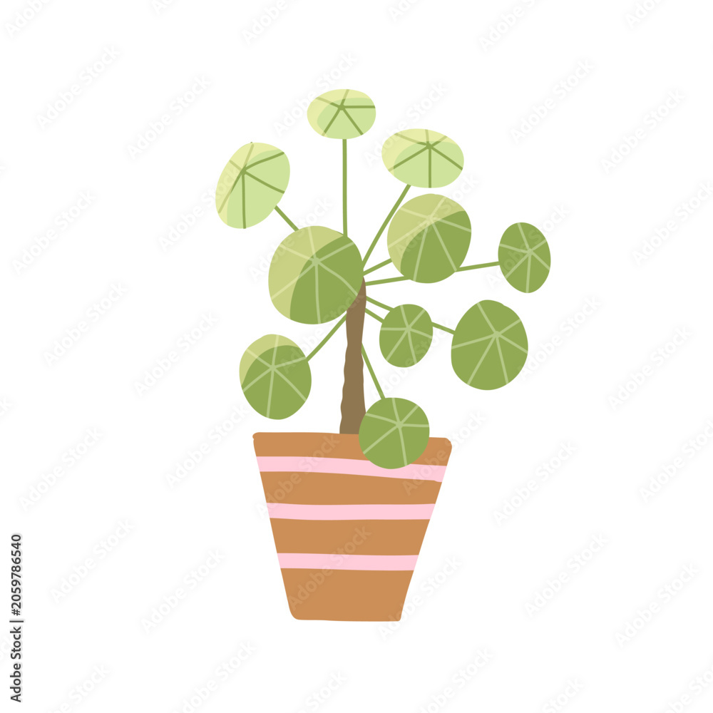 Fototapeta premium Chinese money plant pilea in ceramic pot. Cute skincare wellness element. Hand drawn vector in simple style