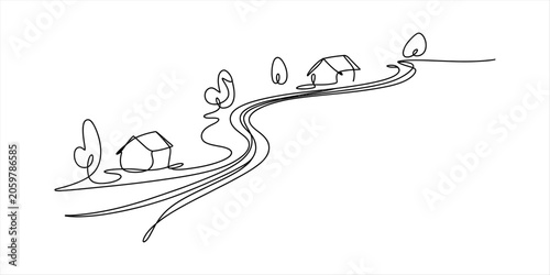 Minimalist line art of houses and trees along a winding road