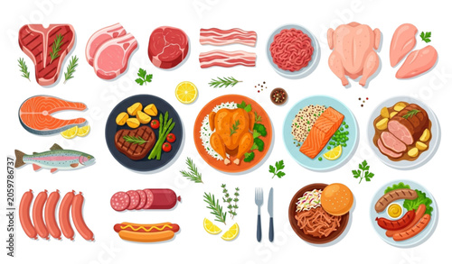 Bild auf Leinwand Variety of meat and seafood dishes