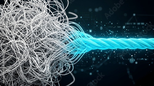 A highly detailed macro shot captures tangled white wires transforming into a single organized blue cable.
