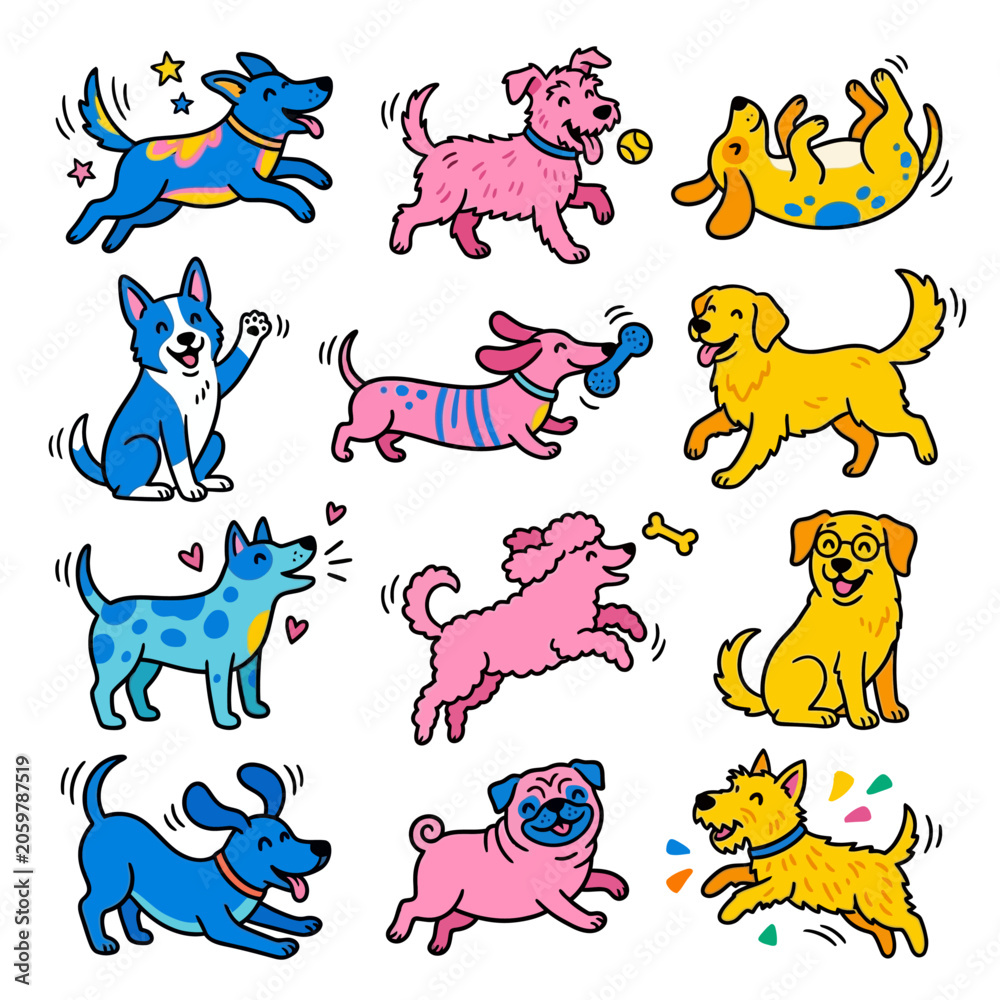 Fototapeta premium cute cartoon dogs and playful puppies a happy collection of diverse pet animals in various poses ideal for childrens designs.