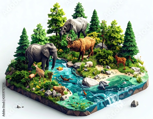 A miniature ecosystem with animals and a stream