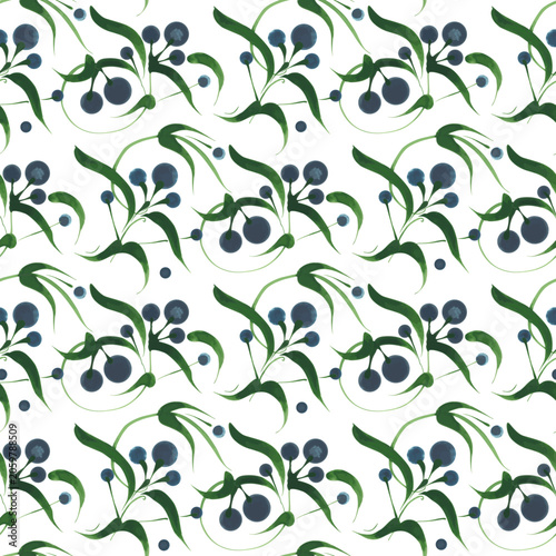 Floral vector seamless pattern from blueberry branches and leaves on a white background 