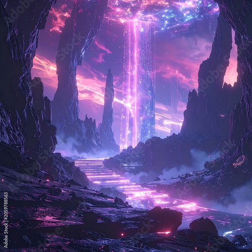 A mystical, neon-lit canyon with glowing purple and pink hues
