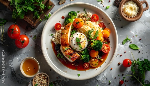 A plate of food with vegetables and sauce on a table