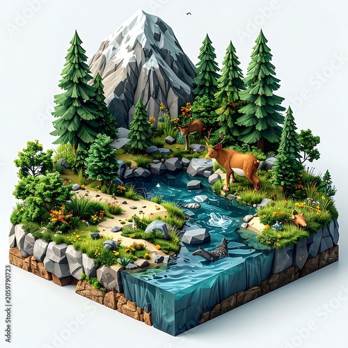 A serene mountainous landscape with a stream
