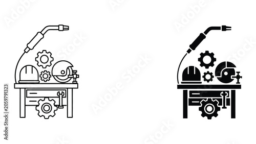 Industrial workbench and metalworking tools icon set with welding helmet and circular saw in linear and solid black glyph style for manufacturing vector illustration