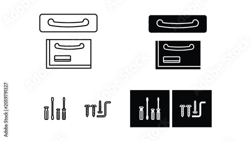 Drawer handle and screwdriver tool icon set in linear and solid black glyph style for furniture assembly and home improvement vector illustration