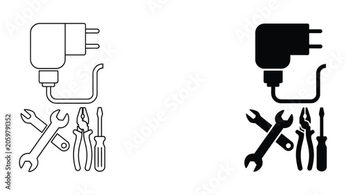 Power adapter and hand tool kit icon set featuring wrench and screwdriver in linear and solid black glyph style for electrical repair vector illustration