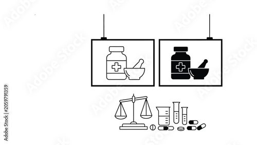 Professional pharmacy and laboratory equipment icons including medicine bottle mortar pestle scales and test tubes for healthcare research and pharmaceutical industry graphic design assets
