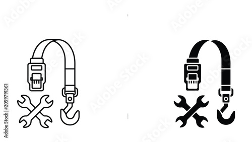 Ratchet strap and wrench tool icon set for logistics and cargo securement in linear and solid black glyph style vector illustration