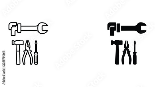 Minimalist construction tool icons set featuring hammer pliers screwdriver and wrench in both outline and solid black styles for professional engineering and DIY maintenance design projects