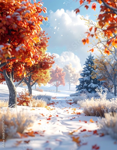 A snowy path through a vibrant autumnal forest with colorful trees
