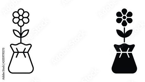 Elegant floral icons in decorative pots represented in both outlined and filled solid black styles for gardening landscaping and interior decoration design projects requiring botanical elements