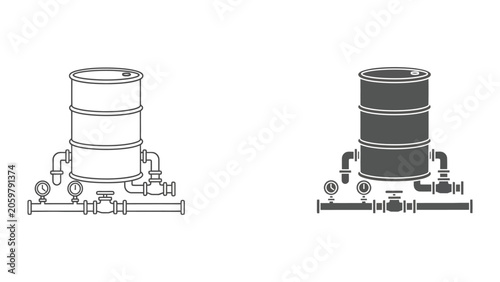 Industrial oil storage barrel with interconnected pipeline systems and pressure valves in linear and solid styles for energy sector and chemical plant infrastructure design and technical documentation