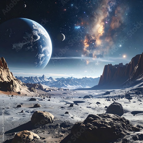 A stunning celestial landscape with a large planet looming over a barren, rocky terrain