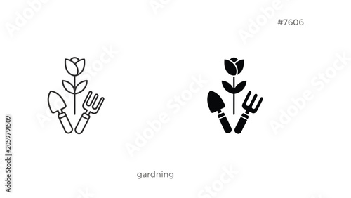 Gardening equipment set with shovel fork and tulip flower icon in minimalist outline and solid black vector style for horticultural and landscape design projects