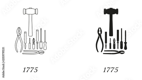 Professional workshop hand tool collection featuring hammer pliers screwdriver and file icons in clean outline and solid black vector graphics for maintenance and repair kits