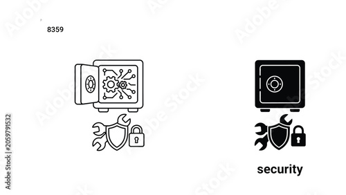 Secure safe and data protection icons with gear and shield symbols in professional outline and solid black vector style for cybersecurity and digital safety documentation