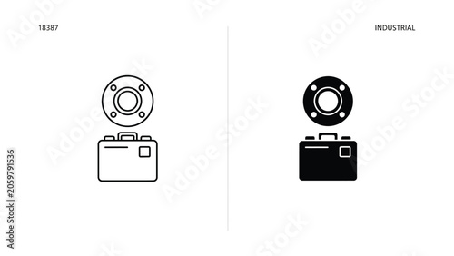 Industrial flange and equipment case icons set in professional outline and solid black vector style for mechanical engineering and heavy machinery logistics documentation