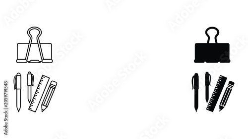Office stationery and desk supplies collection featuring binder clip pen ruler and pencil icons in professional outline and solid black vector style for corporate branding and education