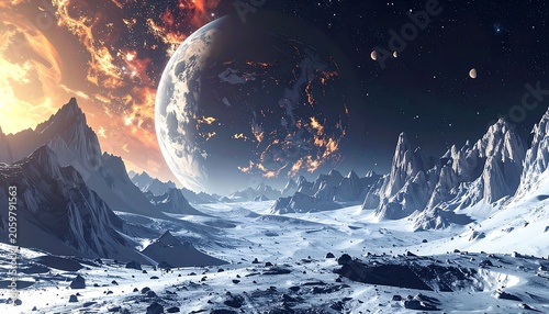A stunning cosmic landscape with a large moon rising over snow-capped mountains