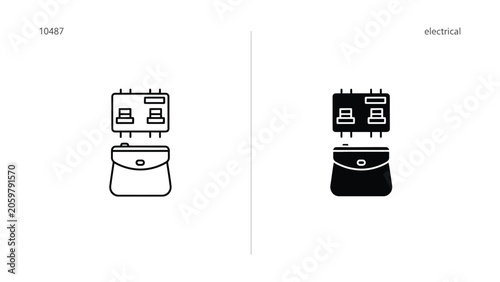 Electrical junction box and technical hardware icons set in clean outline and solid black vector style for power grid and industrial electrical engineering schematics