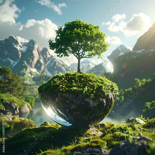 A tree on a mossy rock in a surreal landscape
