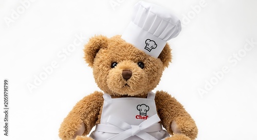 Cute teddy bear wearing a chef hat and apron isolated on white background