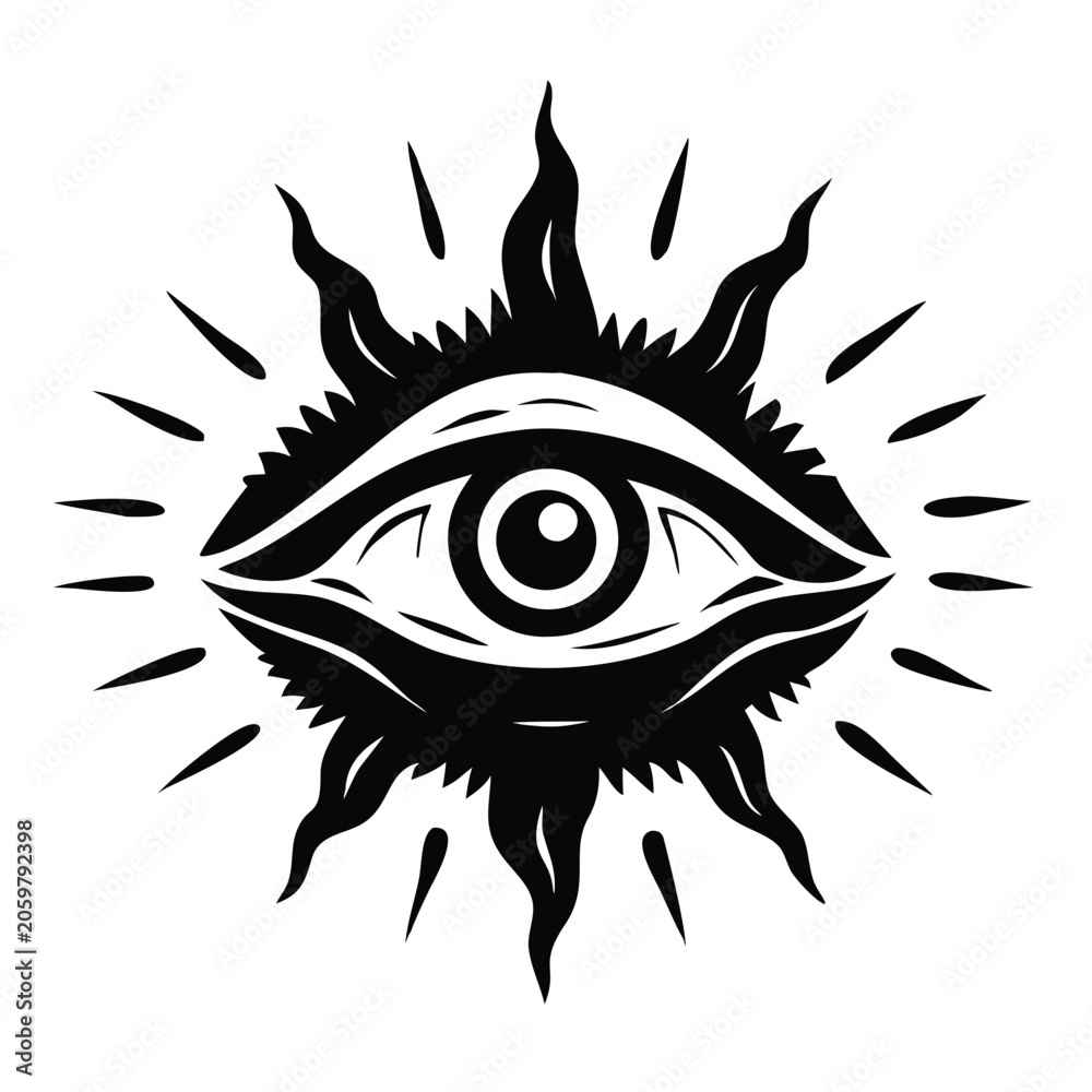 Obraz premium Mystical third eye with sun rays. Esoteric spiritual symbol vector illustration. Isolated all seeing eye silhouette