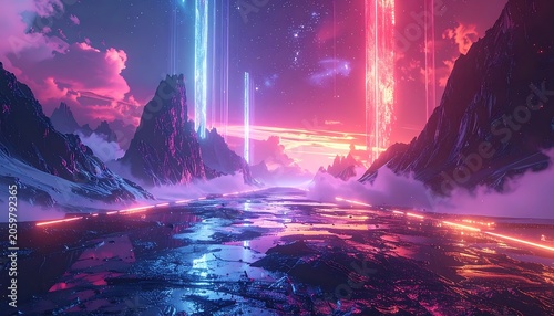 A vibrant, neon-lit mountain range with a glowing pathway