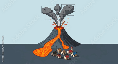 Φωτογραφία Cartoon volcano erupting with lava flowing towards a row of houses, illustrating natural disaster risk