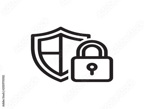 Digital Security Shield with Lock Icon Line Art Vector Illustration