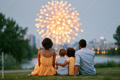Family watching fireworks over city skyline holiday celebration