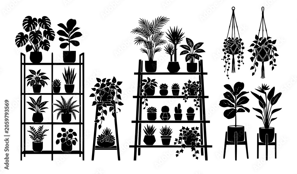Obraz premium Indoor plant silhouette vector set with shelves stands and botanical decor elements