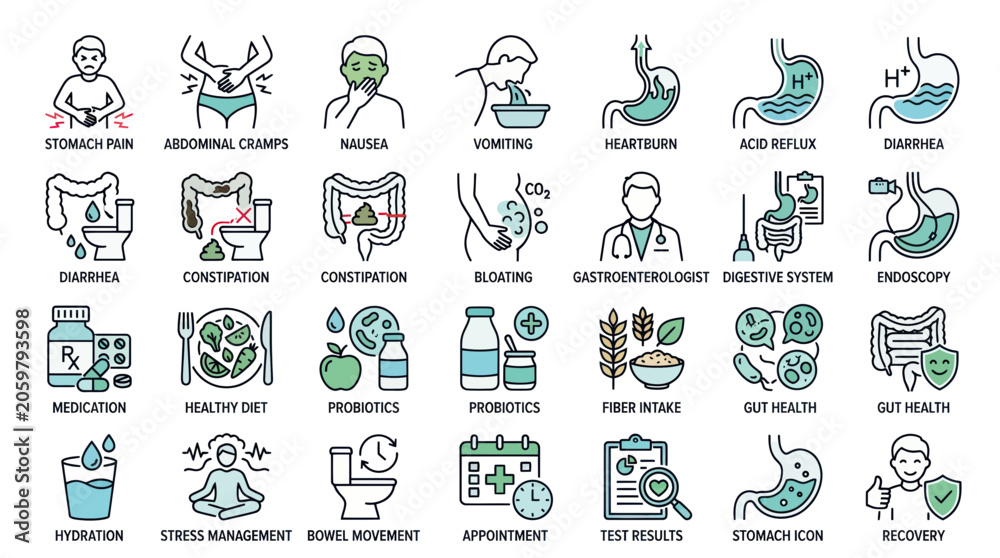 Fototapeta premium Gastrointestinal health and digestive system icons set