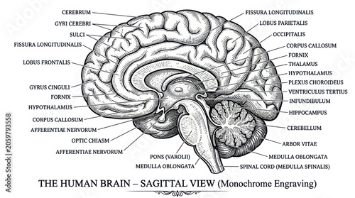Bild auf Leinwand Human brain anatomy sagittal view with detailed labels engraving