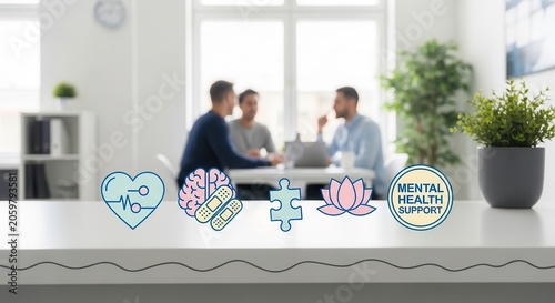 Mental health support icons on office desk with blurred colleagues in background