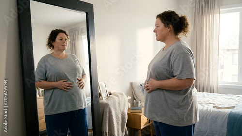 Woman stands in front of a mirror, contemplating her body image and self-perception.