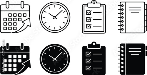 Time management and productivity icon set featuring black glyph and outline calendar clock checklist clipboard and spiral notebook symbols