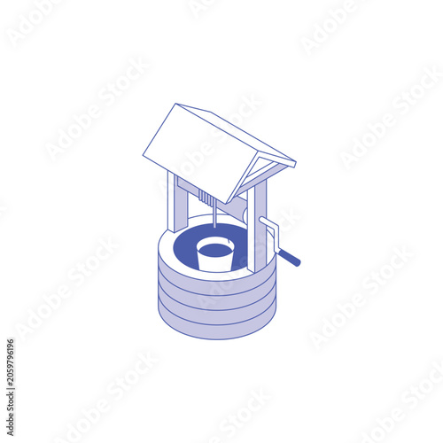 Isometric blue wishing well with bucket and roof